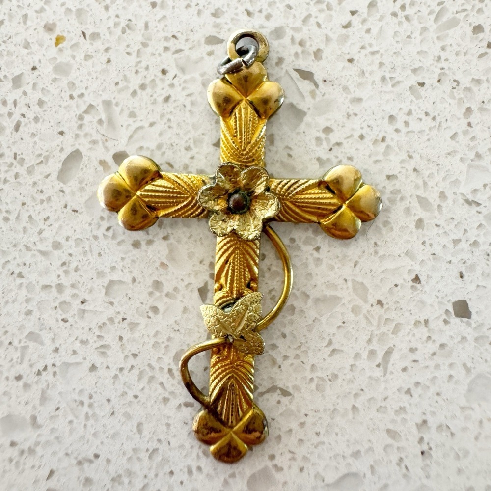 Gold Fill 1/20 12k Textured Floral Religious Crucifix Charm Victorian Revival
